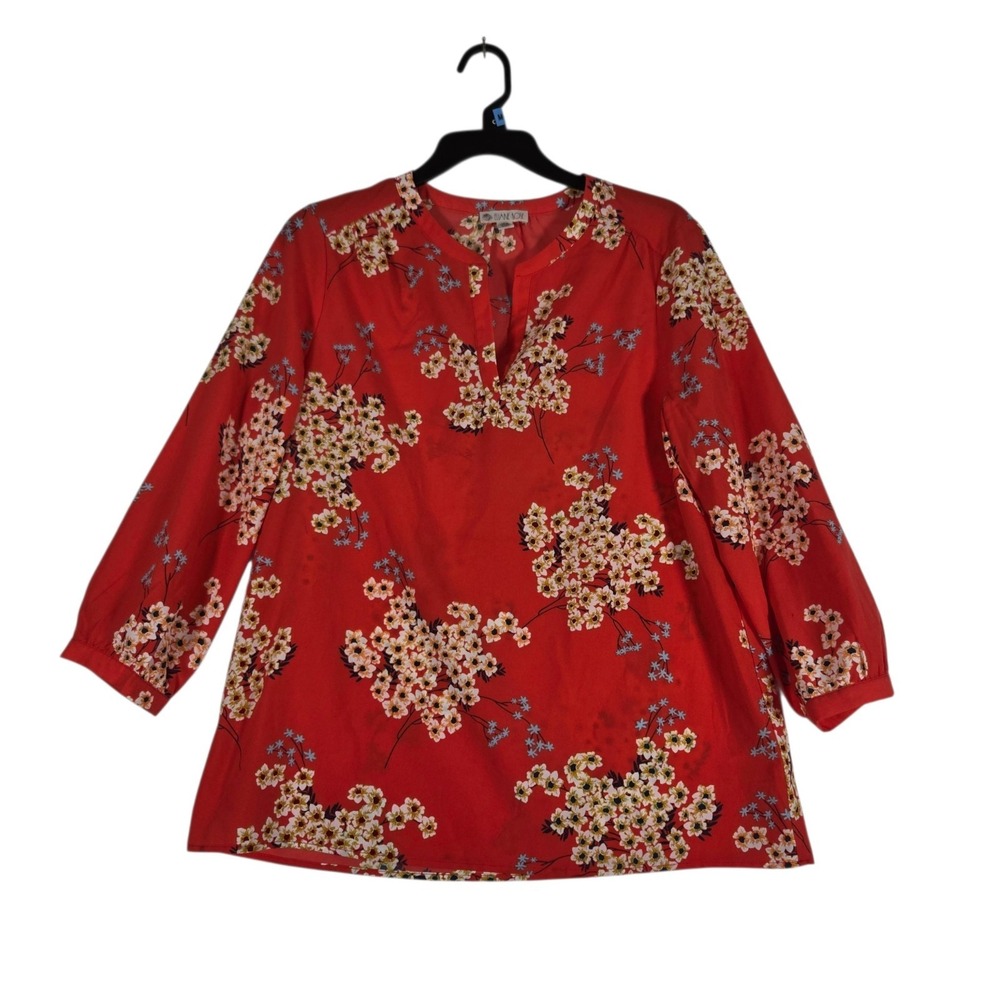 Eliane Rose Blouse Womens Medium Orange Floral Print 3/4 Sleeve Popover Top